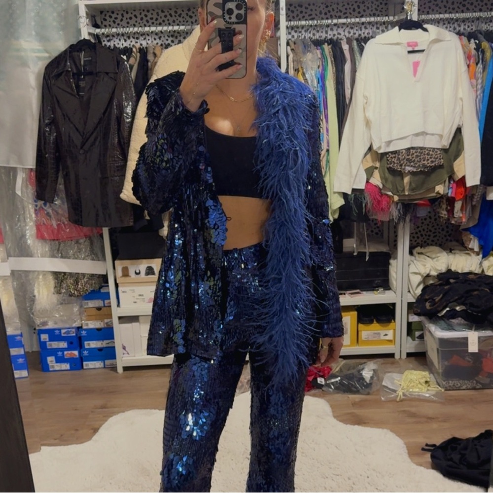 LAPOINTE Blue Blazer Patchwork Sequin Feather Trim Blazer - Picture 7 of 13